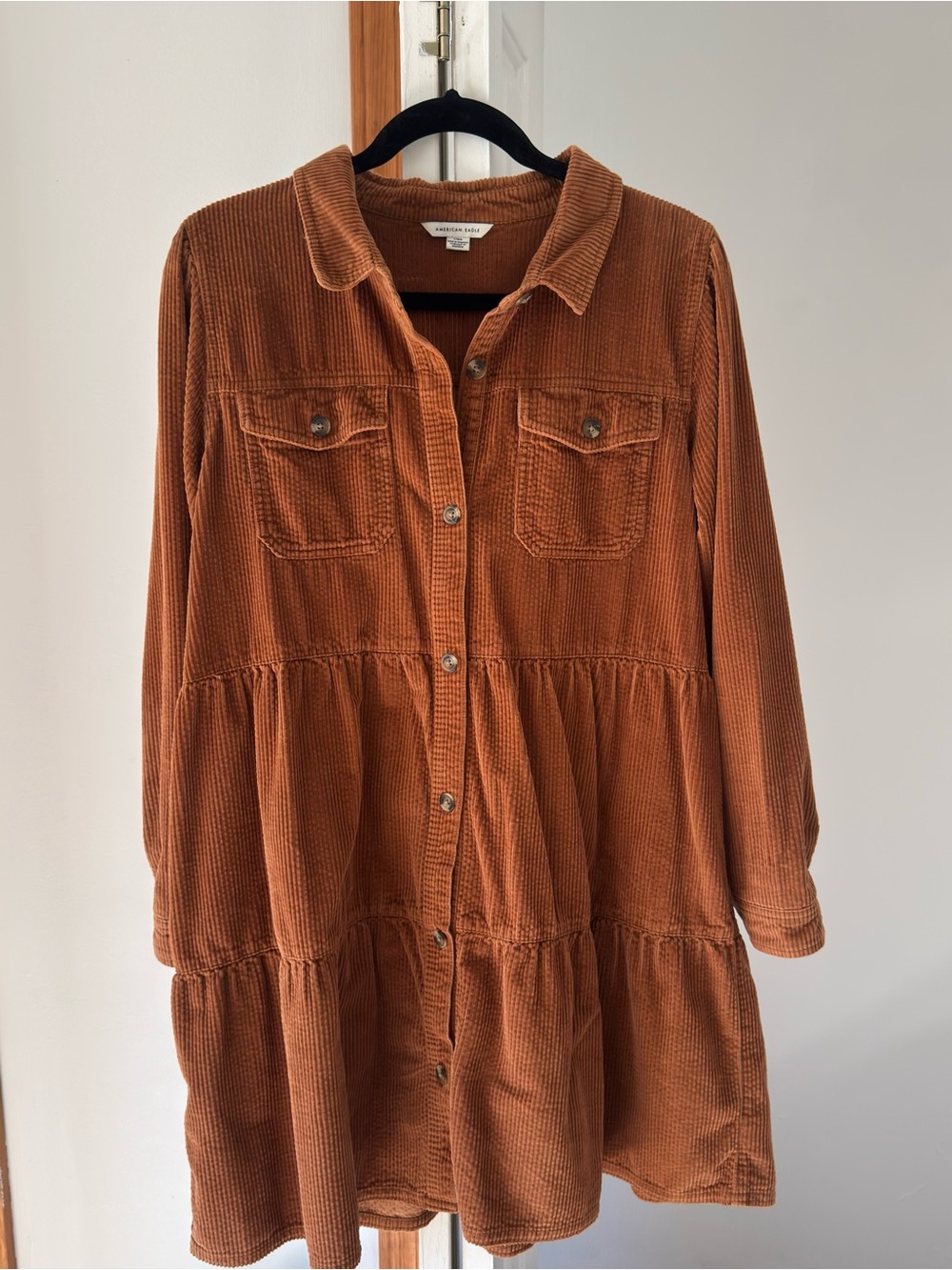 American Eagle Outfitters Rust Corduroy Tiered Button-Front Dress 100% cotton